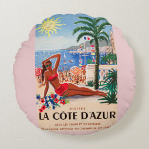 Vintage Cote D'Azur Beach Girl Round Cushion