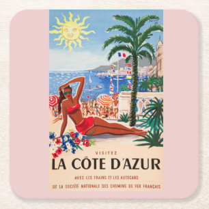 Vintage Cote D'Azur Beach Girl Square Paper Coaster