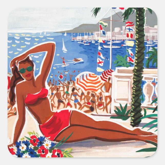 Vintage Cote D'Azur Beach Girl Square Sticker (Front)