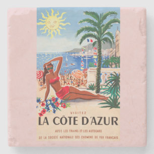 Vintage Cote D'Azur Beach Girl Stone Coaster