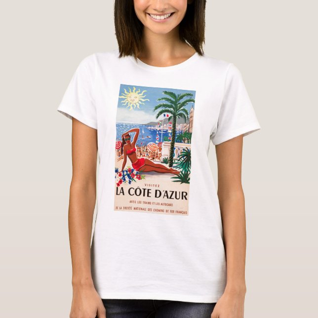 Vintage Cote D'Azur Beach Girl T-Shirt (Front)