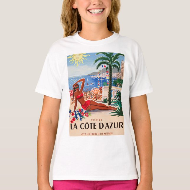 Vintage Cote D'Azur Beach Girl T-Shirt (Front)