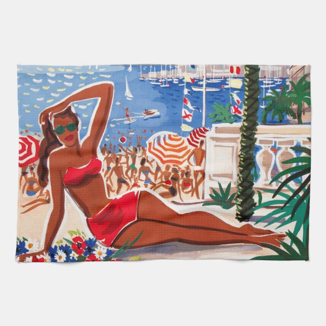 Vintage Cote D'Azur Beach Girl Tea Towel (Horizontal)