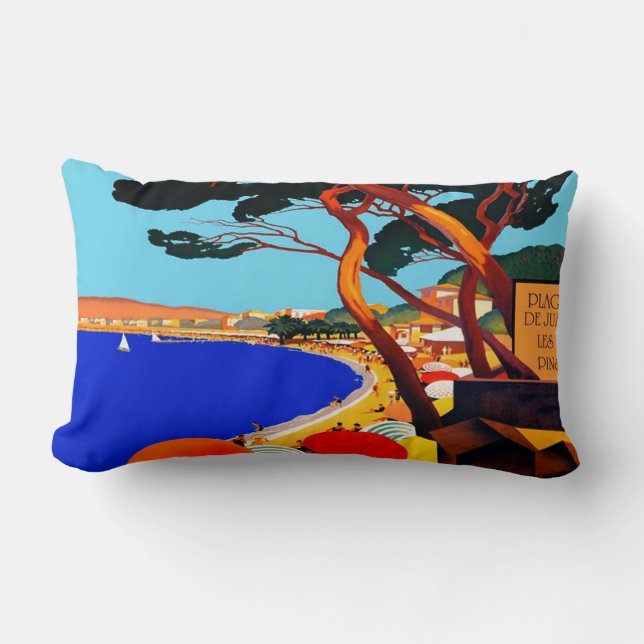 Vintage Cote D'Azur French Travel Lumbar Cushion (Front)