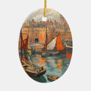 Vintage Cote d'Emeraude Saint Malo Port Tourism Ceramic Tree Decoration