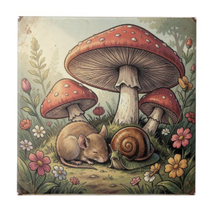 Vintage Cottage Core Mushrooms and Wildlife Tile