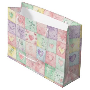 Vintage Cottage Floral Patchwork Gingham Pastel Large Gift Bag