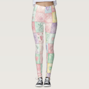 Vintage Cottage Floral Patchwork Gingham Pastel Leggings