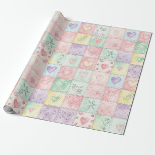 Vintage Cottage Floral Patchwork Gingham Pastel Wrapping Paper