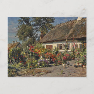 Vintage Cottage Garden with Flowers and Chickens Postcard