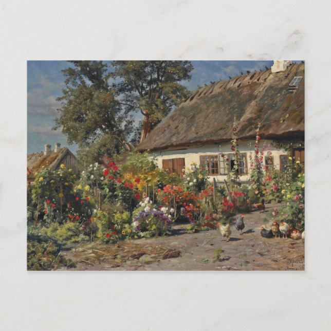 Vintage Cottage Garden with Flowers and Chickens Postcard (Front)