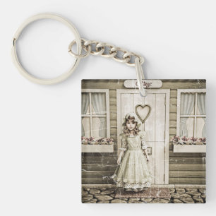 Vintage Cottage Girl Shabby Chic Art Key Ring