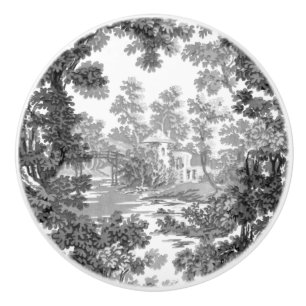 Vintage Cottage Landscape Toile-Black & White Ceramic Knob