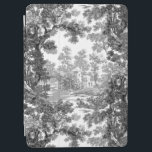 Vintage Cottage Landscape Toile-Black & White iPad Air Cover<br><div class="desc">Classic vintage landscape toile de jouy pattern featuring rustic cottage and bridge in a clearing framed by a grove of trees in shades of black and grey on white background. Pattern is seamless and can be scaled up or down.</div>