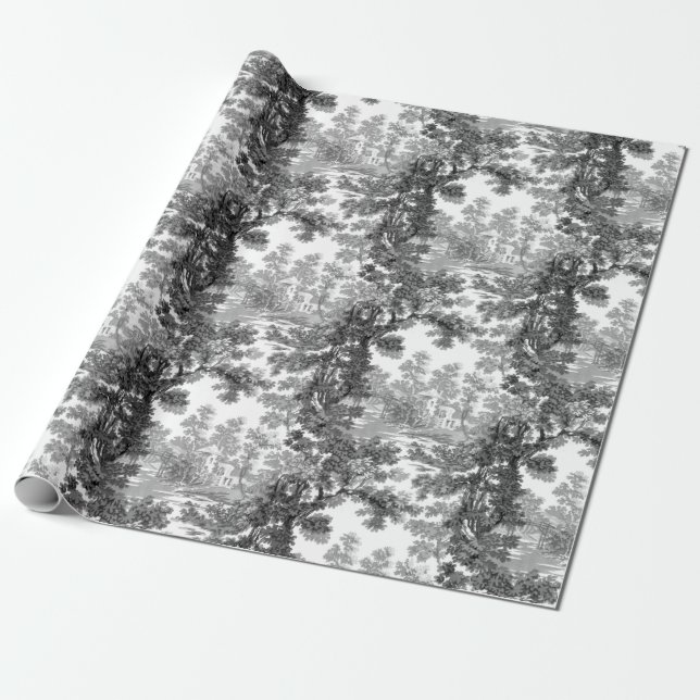 Vintage Cottage Landscape Toile-Black & White Wrapping Paper (Unrolled)