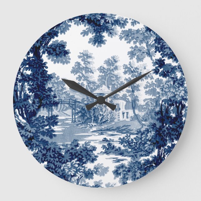 Vintage Cottage Landscape Toile-Blue & White Large Clock (Front)