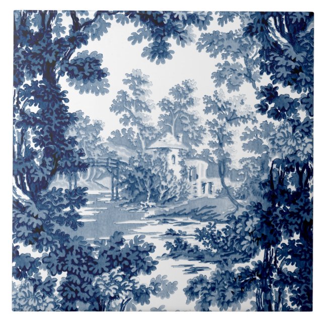 Vintage Cottage Landscape Toile-Blue & White Tile (Front)