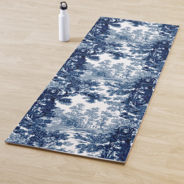 Vintage Cottage Landscape Toile-Blue & White Yoga Mat (In Situ)