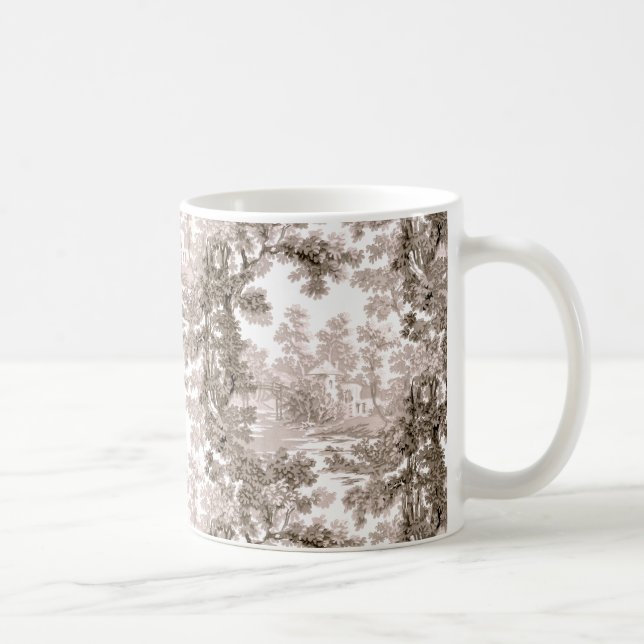 Vintage Cottage Landscape Toile-Brown & White Coffee Mug (Right)