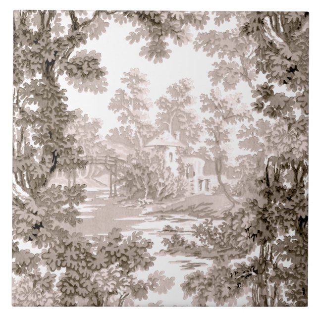 Vintage Cottage Landscape Toile-Brown & White Tile (Front)