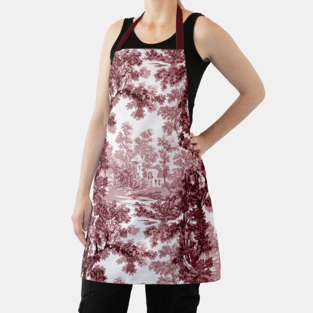 Vintage Cottage Landscape Toile-Pink & White Apron (Insitu)