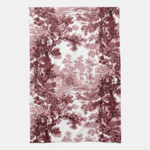 Vintage Cottage Landscape Toile-Pink & White Tea Towel