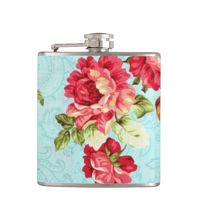 Vintage Cottage Red Rose Floral Flask (Front)