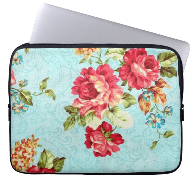 Vintage Cottage Red Rose Floral Laptop Sleeve (Front)