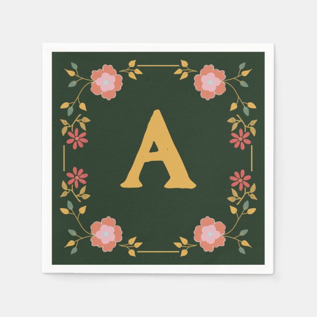 Vintage Cottage Tea Green Monogram Napkin (Front)