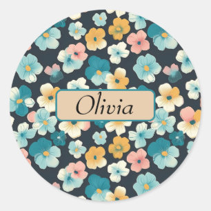 Vintage Cottagecore Florals in Blue & Yellow Classic Round Sticker