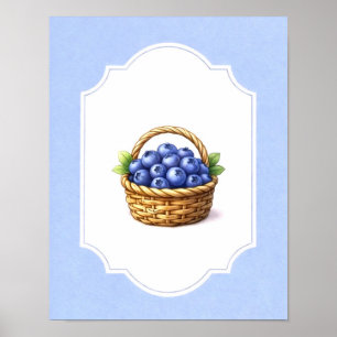 Vintage Cottagecore Leaf Blue Blueberry Basket  Poster