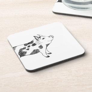Vintage Cottagecore Pig LineArt Minimalist Pattern Coaster