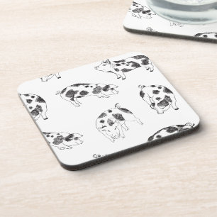 Vintage Cottagecore Pig LineArt Minimalist Pattern Coaster