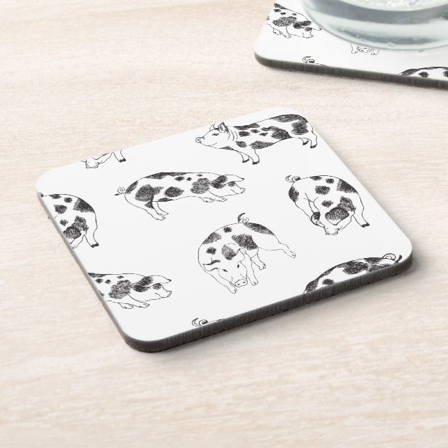 Vintage Cottagecore Pig LineArt Minimalist Pattern Coaster (Left Side)