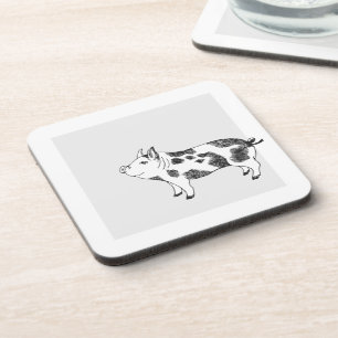 Vintage Cottagecore Pig LineArt Minimalist Pattern Coaster