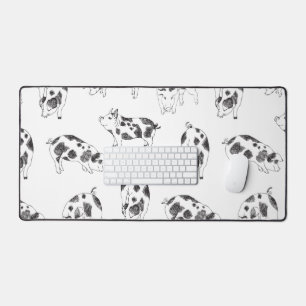 Vintage Cottagecore Pig LineArt Minimalist Pattern Desk Mat
