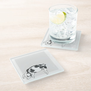 Vintage Cottagecore Pig LineArt Minimalist Pattern Glass Coaster