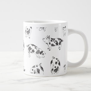 Vintage Cottagecore Pig LineArt Minimalist Pattern Large Coffee Mug