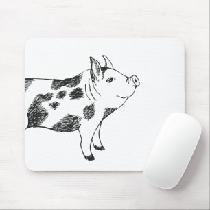 Vintage Cottagecore Pig LineArt Minimalist Pattern Mouse Mat