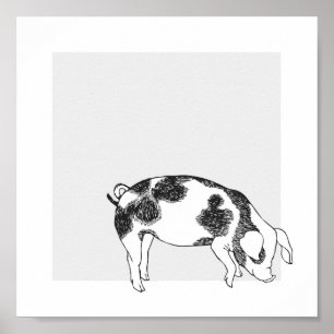 Vintage Cottagecore Pig LineArt Minimalist Pattern Poster