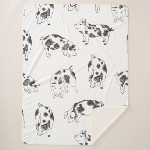 Vintage Cottagecore Pig LineArt Minimalist Pattern Sherpa Blanket