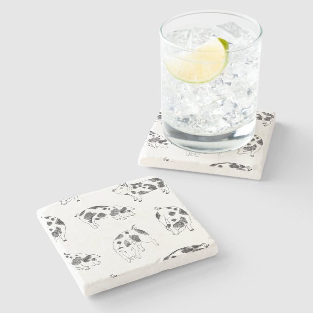 Vintage Cottagecore Pig LineArt Minimalist Pattern Stone Coaster (Side)