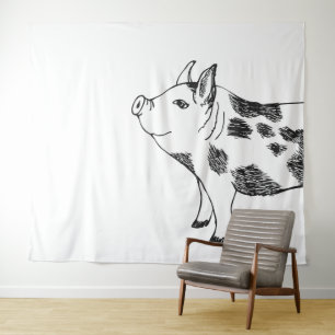 Vintage Cottagecore Pig LineArt Minimalist Pattern Tapestry