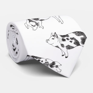 Vintage Cottagecore Pig LineArt Minimalist Pattern Tie