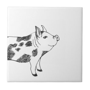 Vintage Cottagecore Pig LineArt Minimalist Pattern Tile
