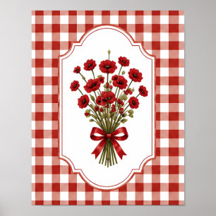 Vintage Cottagecore Red Ribbon Poppy Bouquet Poster