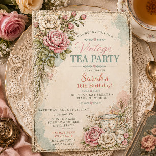 Vintage Cottagecore Vintage Sweet 16 Tea Party Invitation