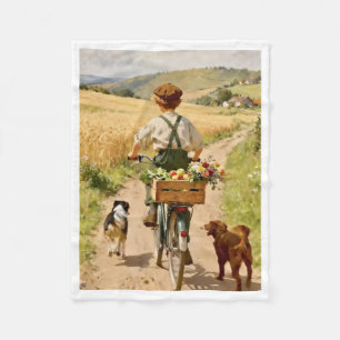 Vintage Country Boy Bicycle Dogs Fleece Blanket