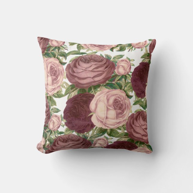 Vintage country chic burgundy pink roses flowers cushion (Front)