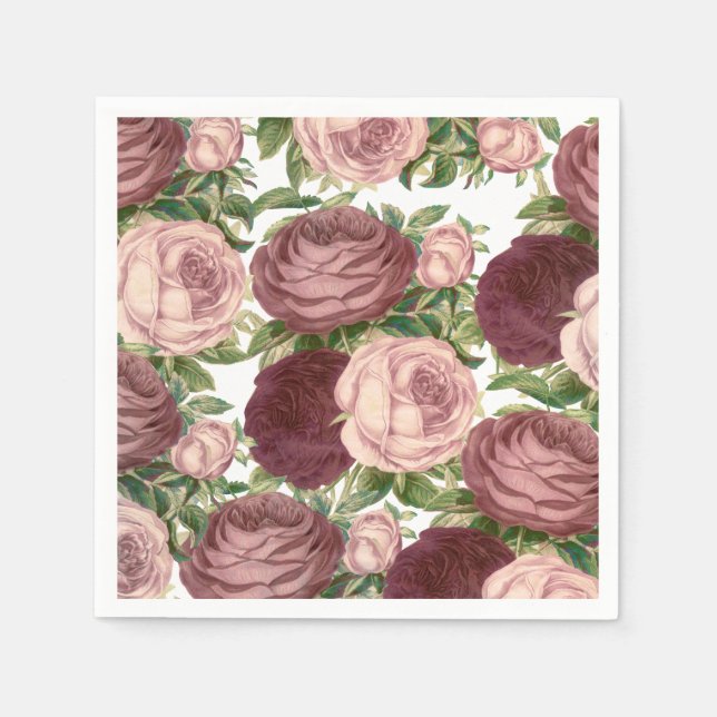 Vintage country chic burgundy pink roses flowers napkin (Front)
